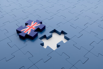 Puzzle piece of the United Kingdom flag separated from the rest of the pieces. Concept of brexit and the United Kingdom's rutpure with the European Union. 3d Render. - 446311493