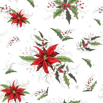Seamless floral winter pattern. realistic holiday flowers from poinsettia, Holly. modern hand-drawn Wallpaper in the style of realism. Vector illustration for Wallpaper, paper, print. vintage style