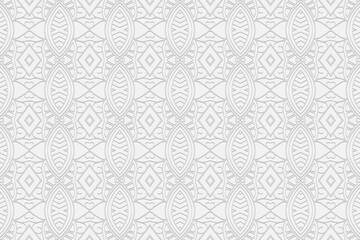 Fototapeta premium 3D volumetric convex embossed geometric white background. Ethnic oriental, asian, indian pattern with handmade elements.Wallpaper for design and decoration. 