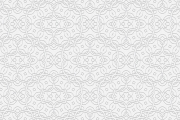 3d volumetric convex embossed geometric white background. Ethnic oriental, asian, indian pattern with handmade elements.Unique wallpaper for design and decor.