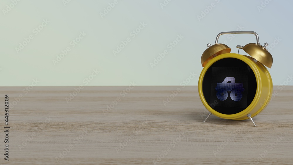 Poster 3d rendering of color alarm clock with symbol of truck monster on display on table