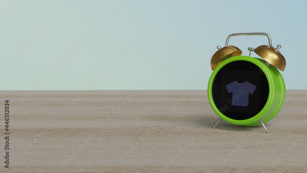 Poster 3d rendering of color alarm clock with symbol of t-shirt on display on table
