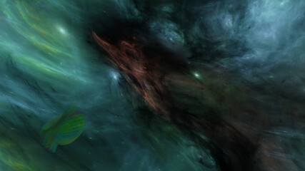 Fototapeta na wymiar Camouflaged space station in a colorful nebula (3D Rendering)