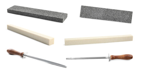 Set with different sharpeners for knife on white background