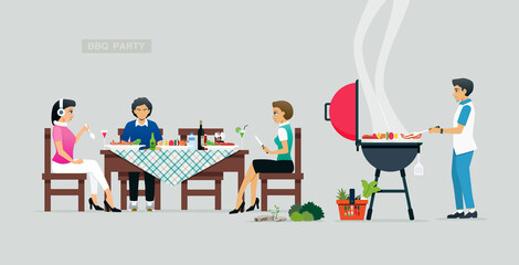 Men and women enjoying food at a barbecue party.