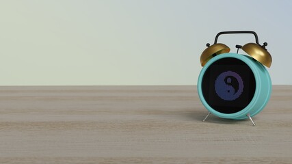 3d rendering of color alarm clock with symbol of yin yang on display on table