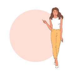 Young beautiful girl in full growth. Goes and tells. Fashion and beauty concept. Background with place for text. Vector hand drawn illustration