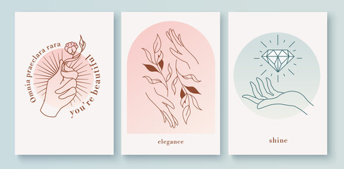 Hand logo templates set, emblems. Vector logo design templates with various hand gestures. Postcards, banners or posters. Linear compositions. Vector illustration