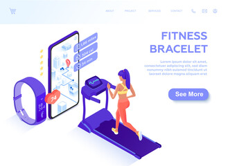 A girl runs on a treadmill, tracking the route, heart rate, distance, calories using a fitness bracelet in a mobile application. Vector isometry