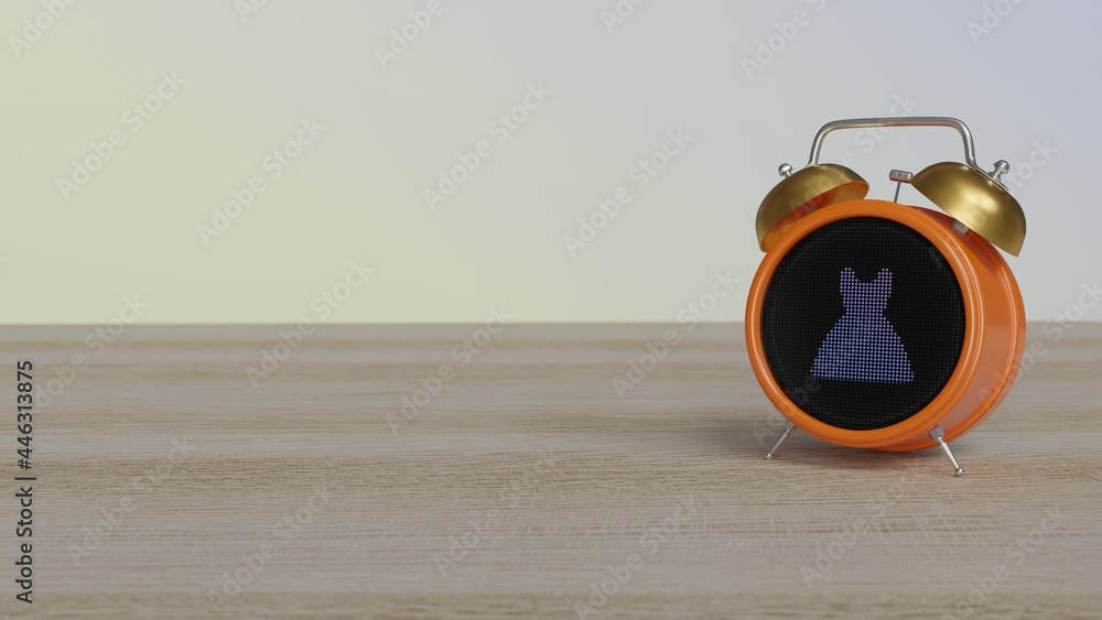 Aufkleber 3d rendering of color alarm clock with symbol of dress on display on table