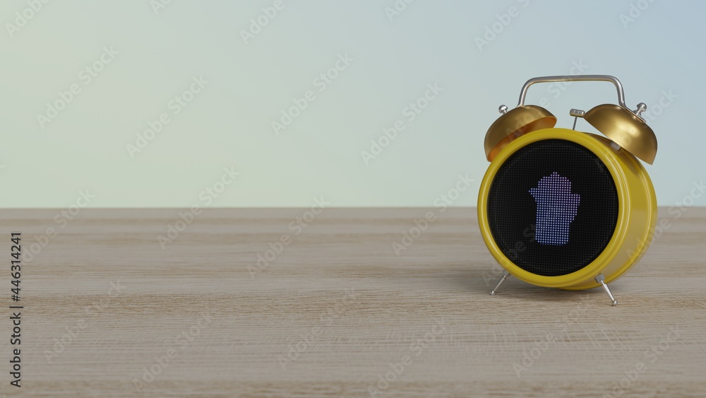 Aufkleber 3d rendering of color alarm clock with symbol of french press on display on table