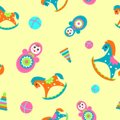Seamless children's pattern with rocking horses, tumbler dolls and balls on a yellow background