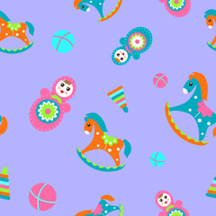 Seamless children's pattern with rocking horses, tumbler dolls and balls on a purple background
