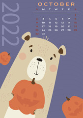 October 2022. Bear calendar. Cute bear with pumpkin for Halloween on a purple background. Vector illustration in a flat style. Vertical template. Week From Sunday. Stationery for design and printing