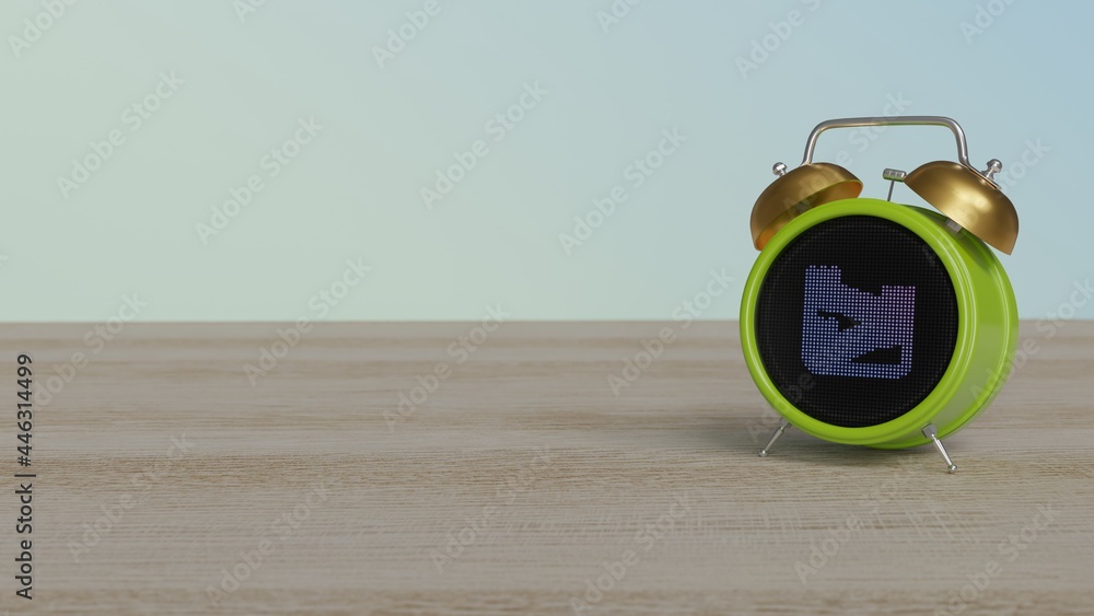 Poster 3d rendering of color alarm clock with symbol of great wall of china on display on table