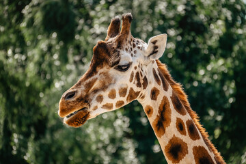 Rothschild giraffe in ZOO.Giraffe in front of green trees looking in to camera. Funny giraffe face. Front view of giraffe against green blurred foliage. Wild animal portrait space for text