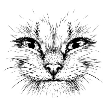 Happy Cat. Creative design. Graphic portrait of a smiles cat in close-up on a white background. Digital vector graphics.