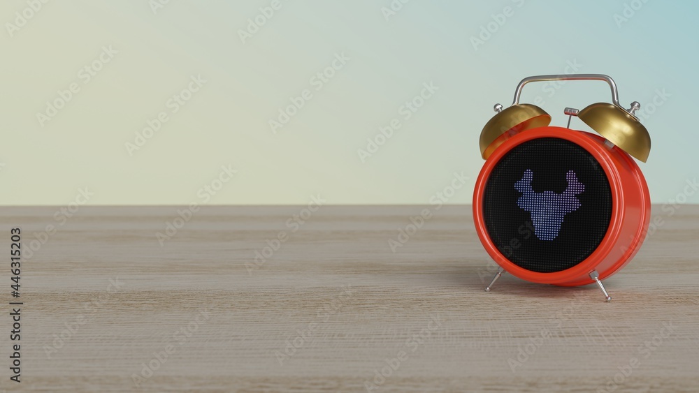 Poster 3d rendering of color alarm clock with symbol of christmas reindeer on display on table