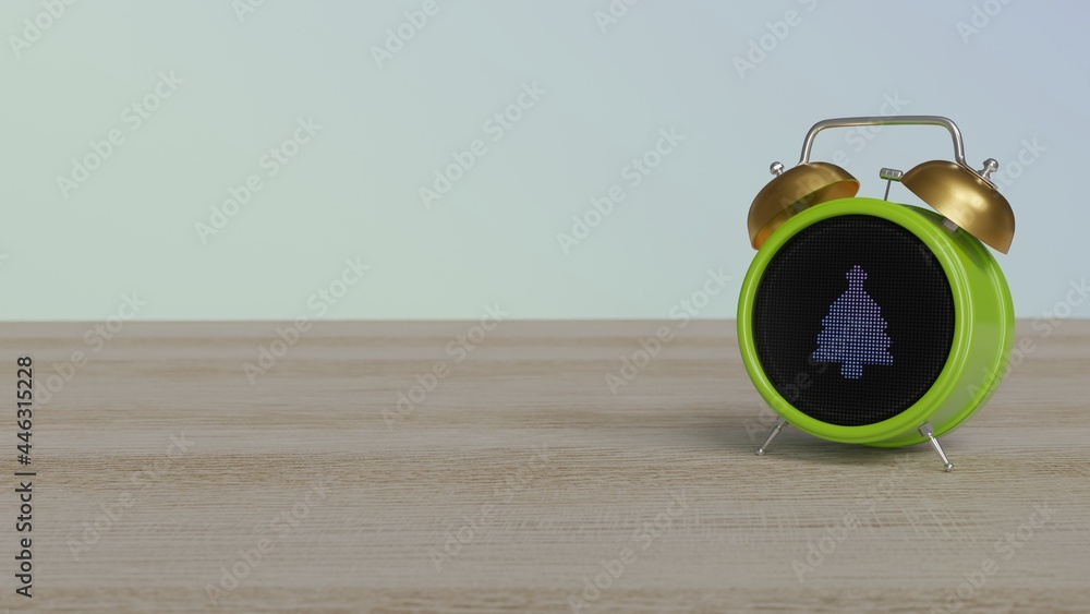 Poster 3d rendering of color alarm clock with symbol of christmas tree on display on table