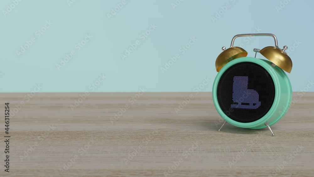 Poster 3d rendering of color alarm clock with symbol of ice skate shoes on display on table