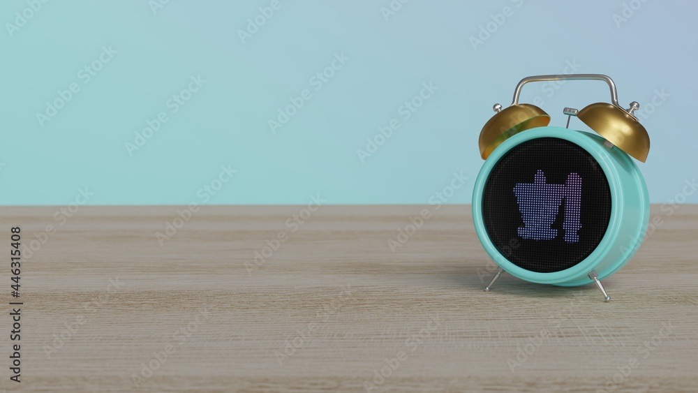 Poster 3d rendering of color alarm clock with symbol of kebab on display on table