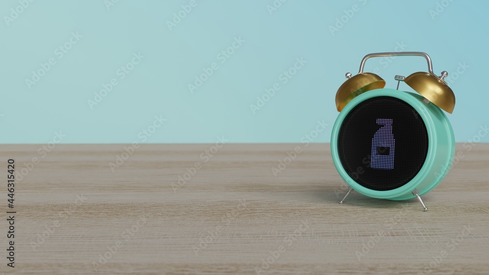 Poster 3d rendering of color alarm clock with symbol of ketchup on display on table