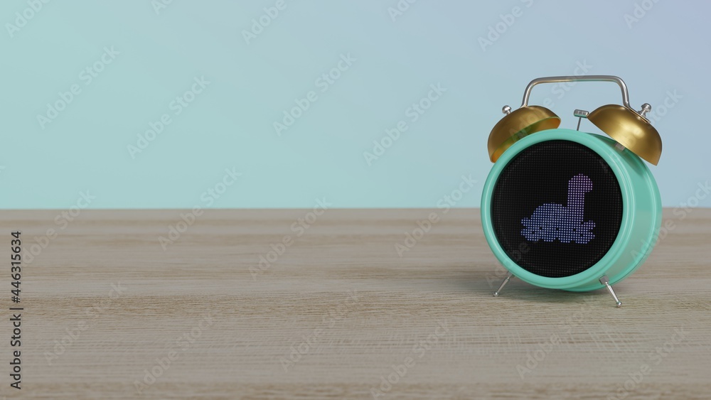 Poster 3d rendering of color alarm clock with symbol of loch ness monster on display on table
