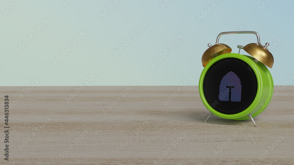Aufkleber 3d rendering of color alarm clock with symbol of medieval helmet on display on table