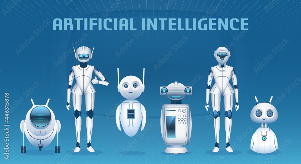 Poster robot group. cartoon modern artificial intelligence characters, androids and robots mascots. futuris