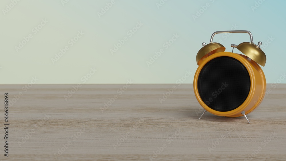 Poster 3d rendering of color alarm clock with symbol of milk on display on table