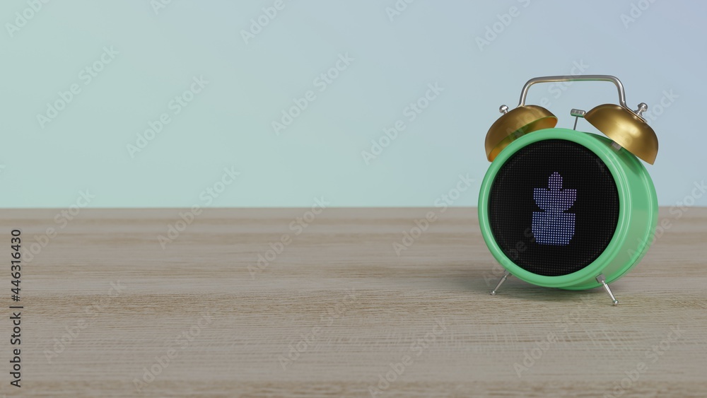 Poster 3d rendering of color alarm clock with symbol of plant on display on table
