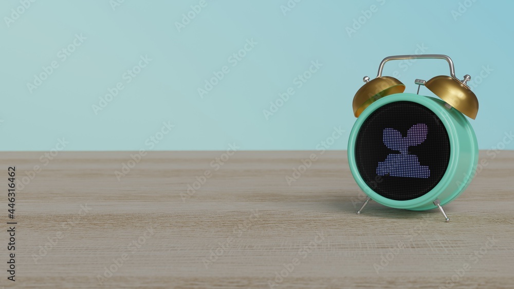 Aufkleber 3d rendering of color alarm clock with symbol of plant in soil on display on table