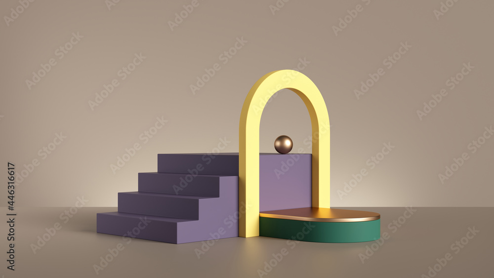 Poster 3d render, abstract background with colorful geometric composition. playground with steps, blocks an