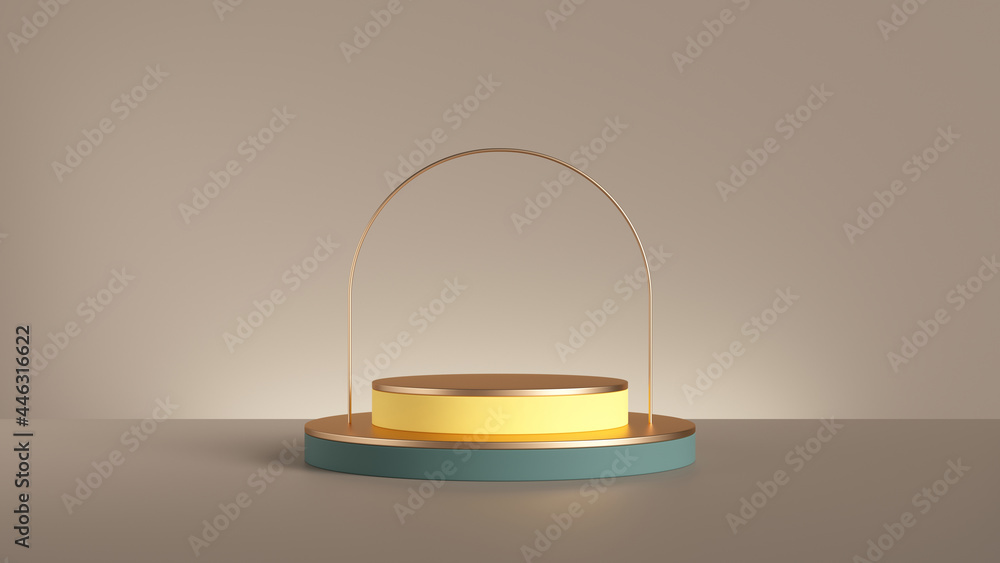 Poster 3d render, abstract background with golden arch and empty podium. modern minimal showcase scene for 