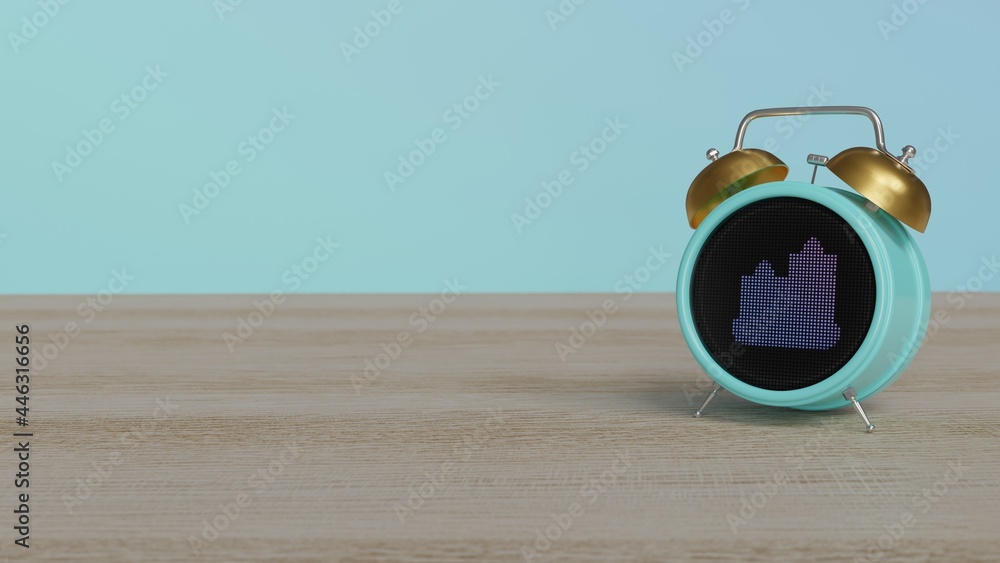 Poster 3d rendering of color alarm clock with symbol of relax candle on display on table