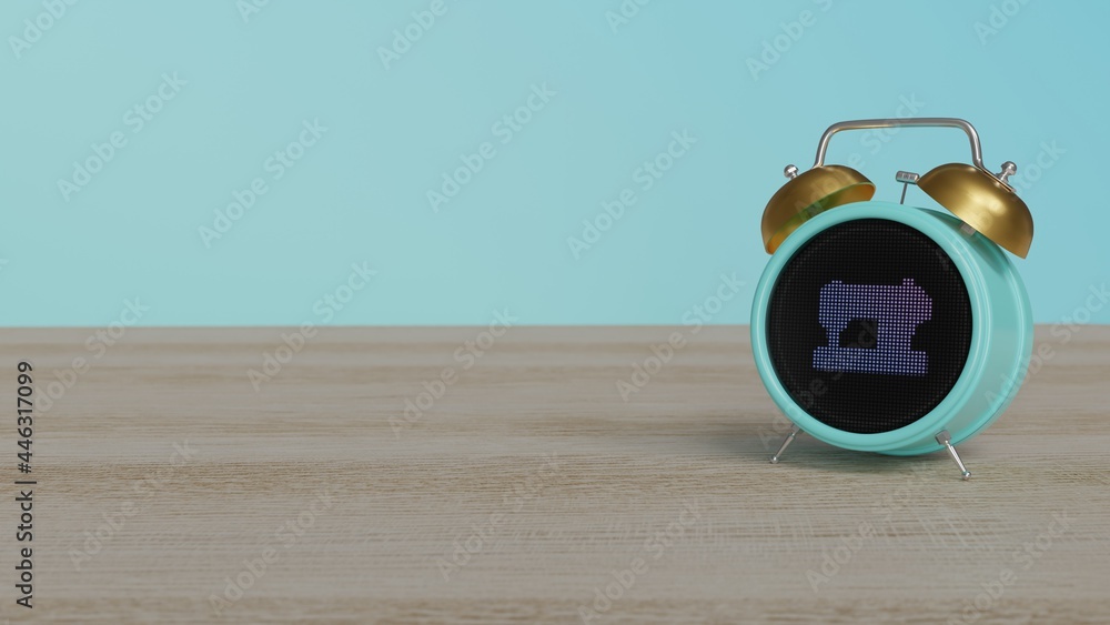 Poster 3d rendering of color alarm clock with symbol of sewing machine on display on table