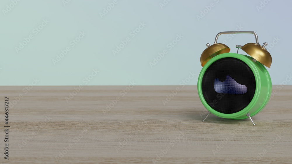 Poster 3d rendering of color alarm clock with symbol of sneaker shoe on display on table