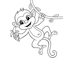 Cute monkey with banana. Black and white vector illustration for coloring book