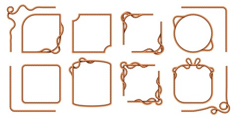 Rope frames. Hemp thread square and round borders, curved nautical cord lines. Realistic cartoon sailor jute strings and twines vector set © Tartila