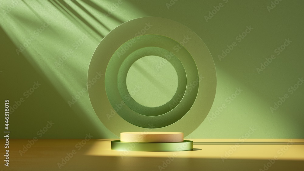Poster 3d render. abstract modern minimal background. showcase scene with round frame and podium for produc