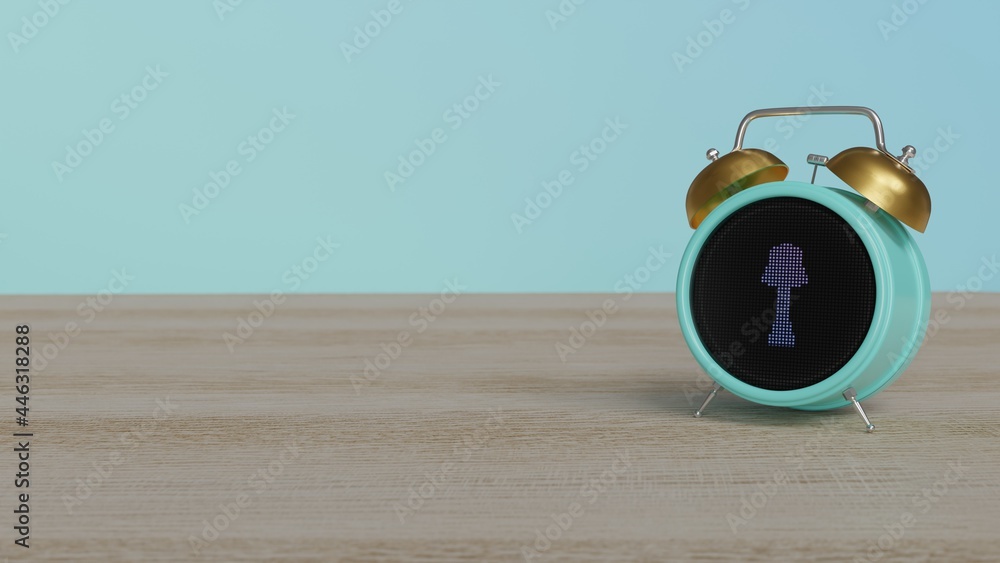 Aufkleber 3d rendering of color alarm clock with symbol of vintage lamp on display on table