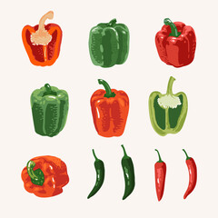 Vector summer set of sweet and hot peppers isolated on pink background