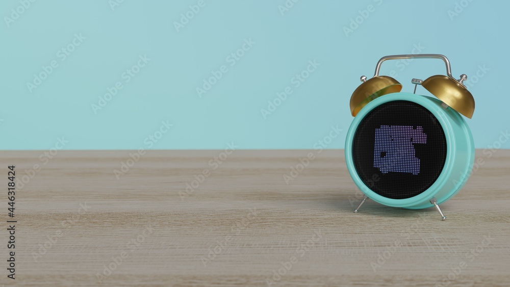 Poster 3d rendering of color alarm clock with symbol of vintage telephone on display on table