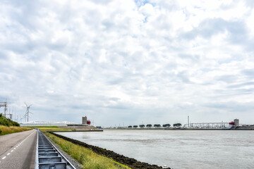 Fototapeta premium View of the Nieuwe Waterweg in Hoek van Holland with the imposing Maeslant storm surge barrier. Netherlands, Holland, Europe
