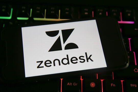 Viersen, Germany - June 1. 2021: Closeup of phone screen with logo lettering of zendesk on computer keyboard