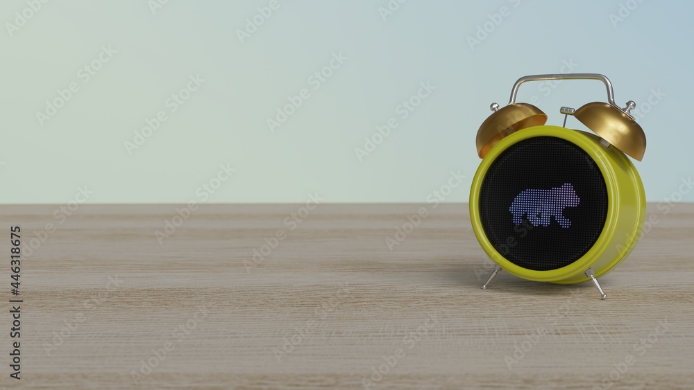 Poster 3d rendering of color alarm clock with symbol of wolf on display on table