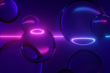 3d render, abstract neon background with glass balls and laser line. Glowing light and translucent bubbles