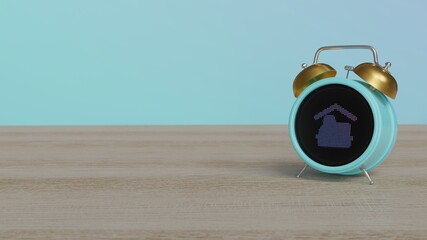3d rendering of color alarm clock with symbol of working at home on display on table
