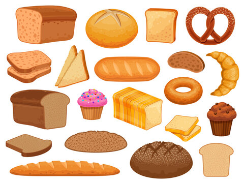Cartoon bread. Sweet pastry bun, cupcake, croissant and donut. Grain loaf, toast slice, bagel, french baguette and bakery product vector set