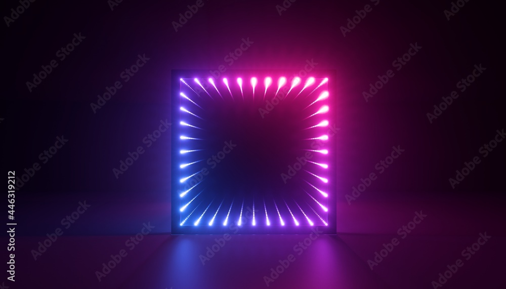 Poster 3d render, abstract neon background with square frame. performance stage decoration illuminated with